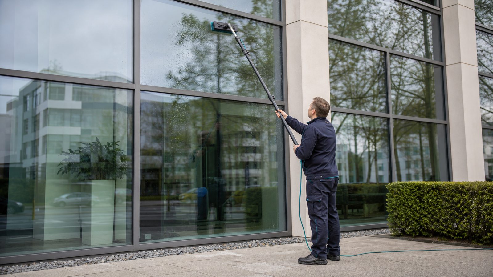 Fensterreiniger von DRAICO reinigt eine Glasfassade in Karlsruhe mit Teleskopstange