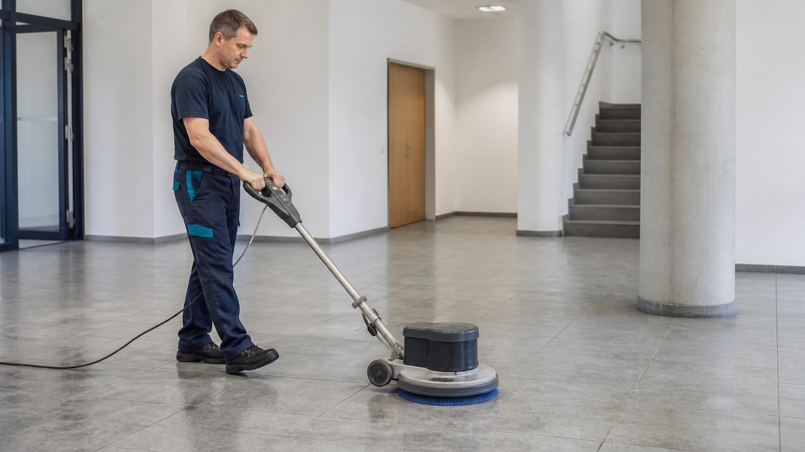 Mitarbeiter von DRAICO bei der Grundreinigung eines Foyerbodens mit Einscheibenmaschine